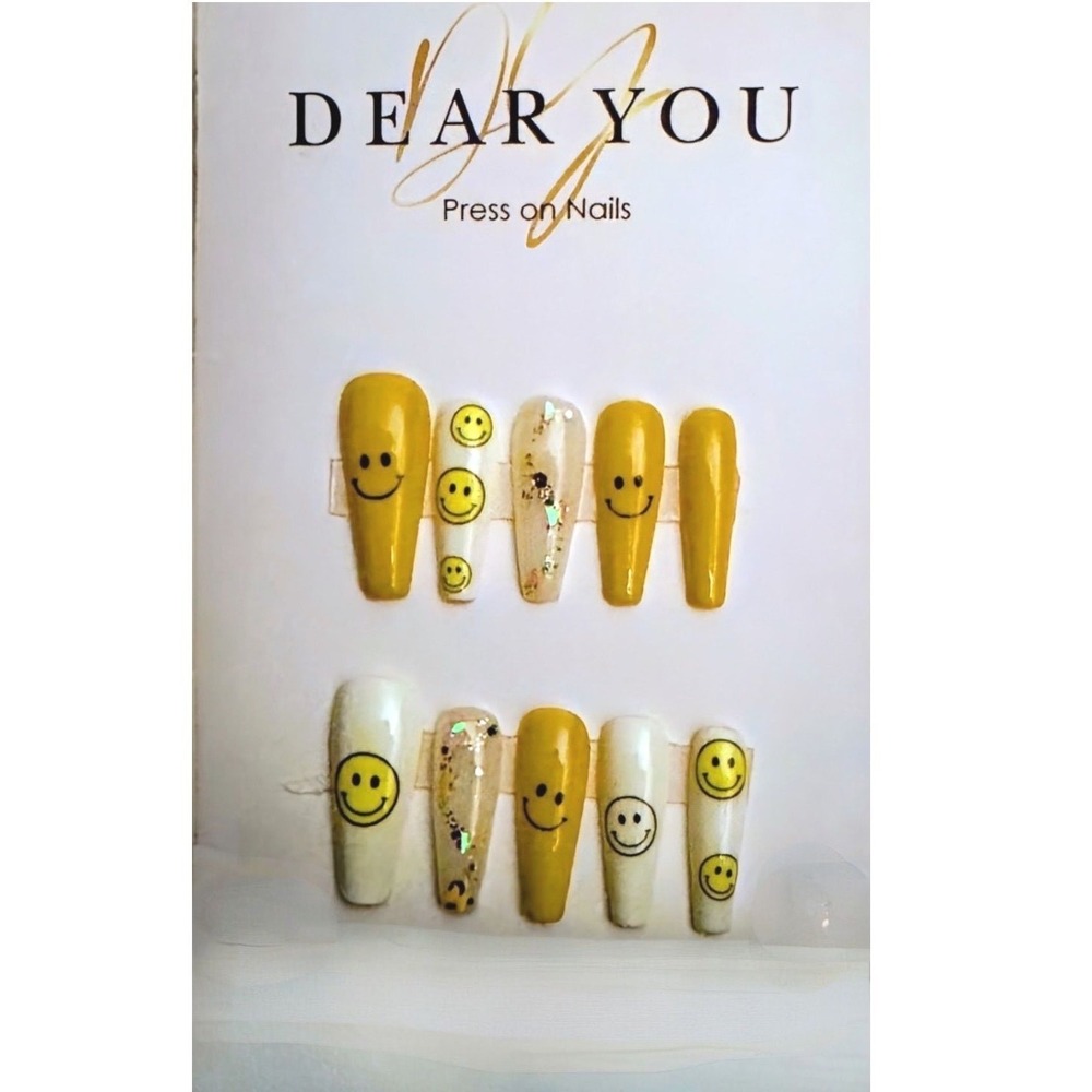 Dear You Hand Painted Glitter Smiley Press On Nails